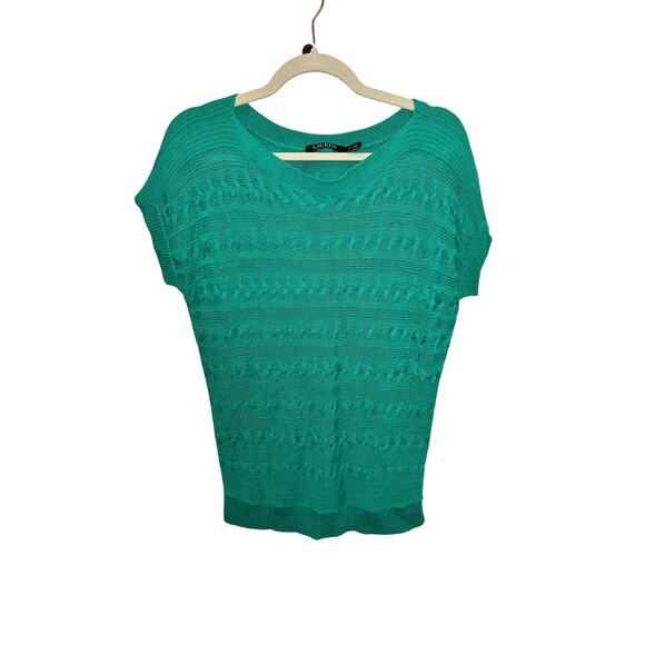 LaurenRALPH LAUREN Turquoise Blue Cotton Blend Cable Knit Short Sleeve Sweater L - Picture 5 of 5